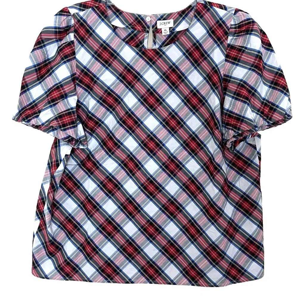 J. Crew Stewart Plaid Tartan Top Blouse Shirt XL Short Puff Sleeve BV626 Office